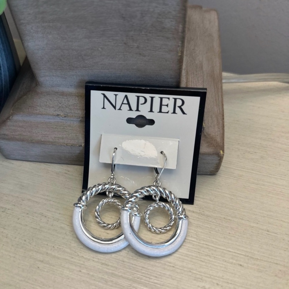 Napier Silver Tone White Leather Wrapped Orbital Drop Earrings ~ NWT - Picture 4 of 8